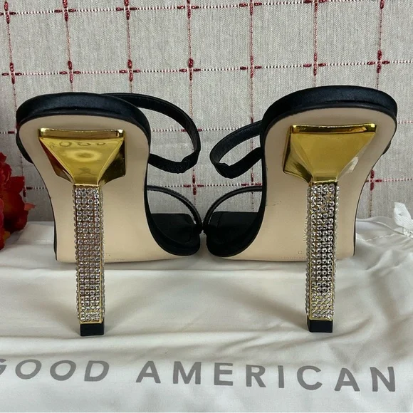 Good American Satin Strappy Heels Square Toe Sz 6.5 Black & Gold + Rhinestones - Picture 4 of 6